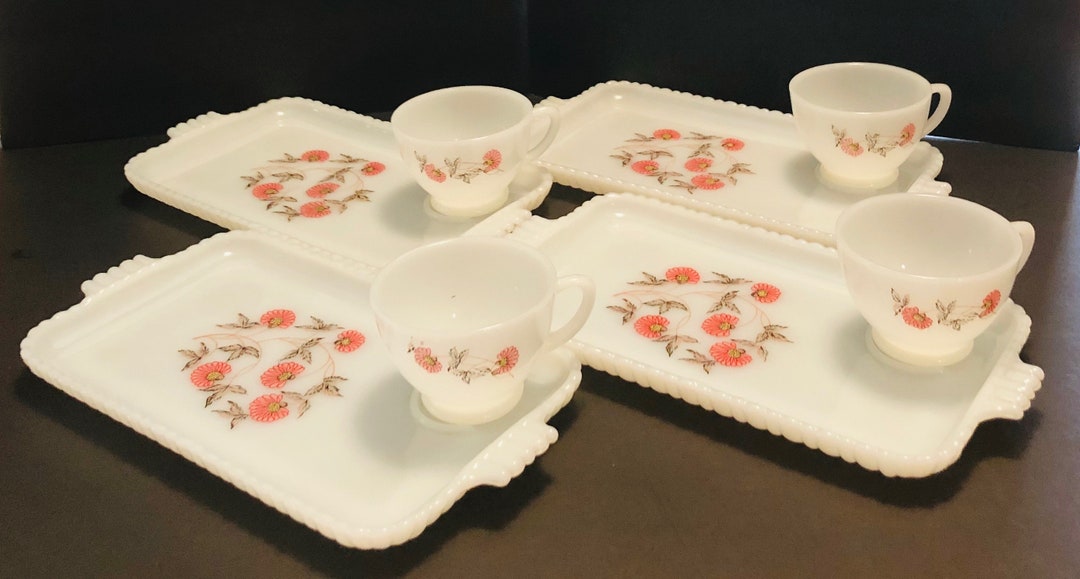 Vintage Fire King Milk Glass Snack Sets Set of 4 Fleurette Design 1950's Etsy