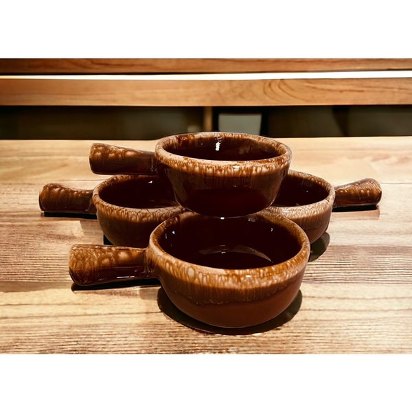 McCoy Pottery Set of 4 Vintage Brown Drip Glaze Soup Crocks With Handle French Onion Soup