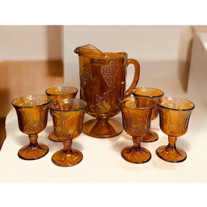 Vintage Indiana Glass Marigold Carnival Glass Pitcher & Goblet Set