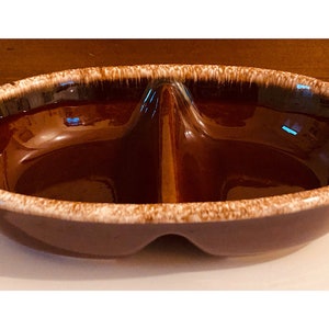 Hull Pottery Vintage Brown Drip Glaze Pottery Divided Serving Bowl.