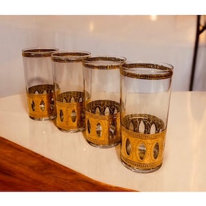 Vintage Culver Glass Set of 4 Antiqua 12 Oz Highball Glasses with 22K Gold Design - Mid-Century Modern Barware, Retro Cocktail Glasses