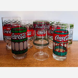 Vintage Coca-Cola Stained Glass Style Glasses - Retro Barware Set of 8