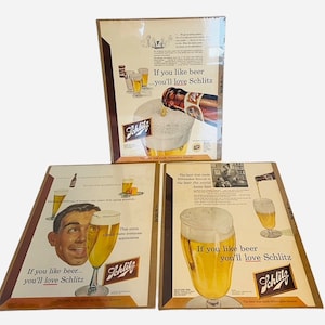 Retro Set of Three 1952 Schlitz Beer Ads, Vintage Breweriana Prints, Bar Memorabilia Decor, Pub Wall Art