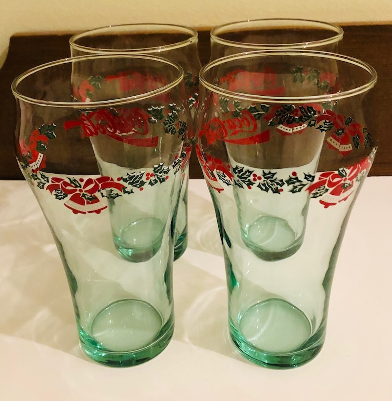 Vintage Set of 4 Coca-cola Light Green Holiday Fountain Glasses Holly ...