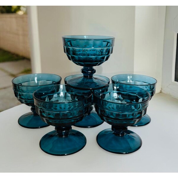 Copas de postre antiguas de Indiana Glass American Whitehall Blue con base – Juego de 6 copas cubistas