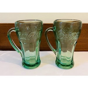 Vintage Libbey Coca Cola Green Glass Mugs – Set of 2 Embossed Logo Soda Fountain Style – Classic Retro Drinkware