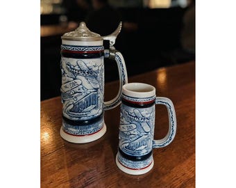 Avon 1981 Flying Classics Airplanes Pair of Collectible Beer Steins - Original and Miniature