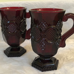 Avon Vintage Ruby Red Glass Cape Cod Set of 2 Pedestal Mugs