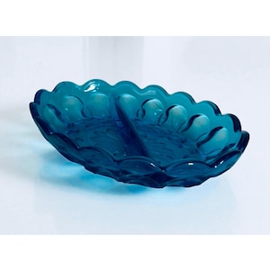 Vintage Anchor Hocking Blue Glass Relish Dish: Mid-Century Scalloped Serving Tray