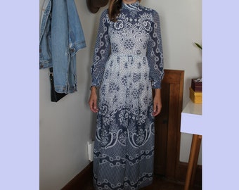 True Vintage, One Of A Kind 1960s Couture Mock Neck, Boho Handmade Gown with Antique Blue Folk Floral Print -