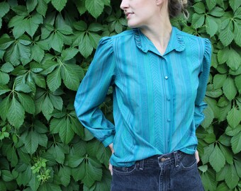 80's Ruffled Collar Patterned Button Up