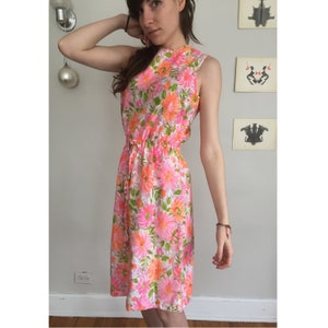 Vintage 70s Neon Pink Floral Mini Baby Doll Dress