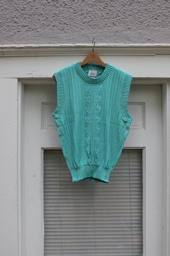 80s Alicia Leaf Knit Gemtone Sleeveless Sweater