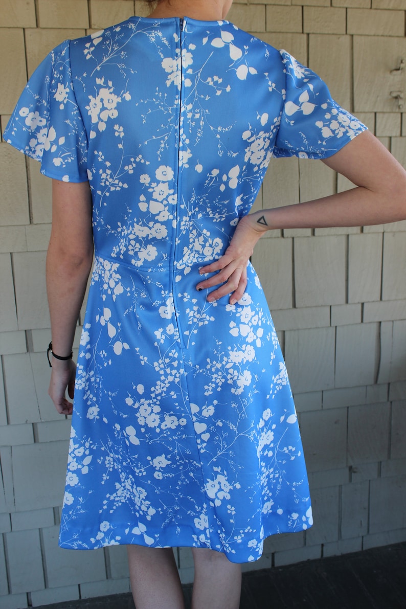 Vintage Late 70s Handmade Delicate Floral Fitted Sun Dress With Flutter Sleeves