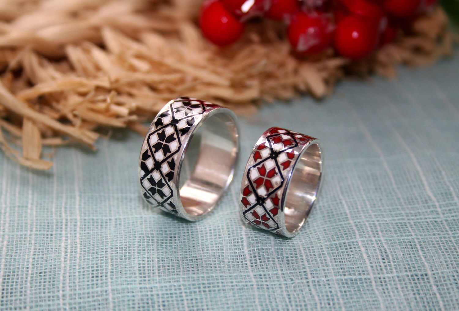 Silver Ukrainian Wedding Ring Real Cloisonne Enamel Black Etsy