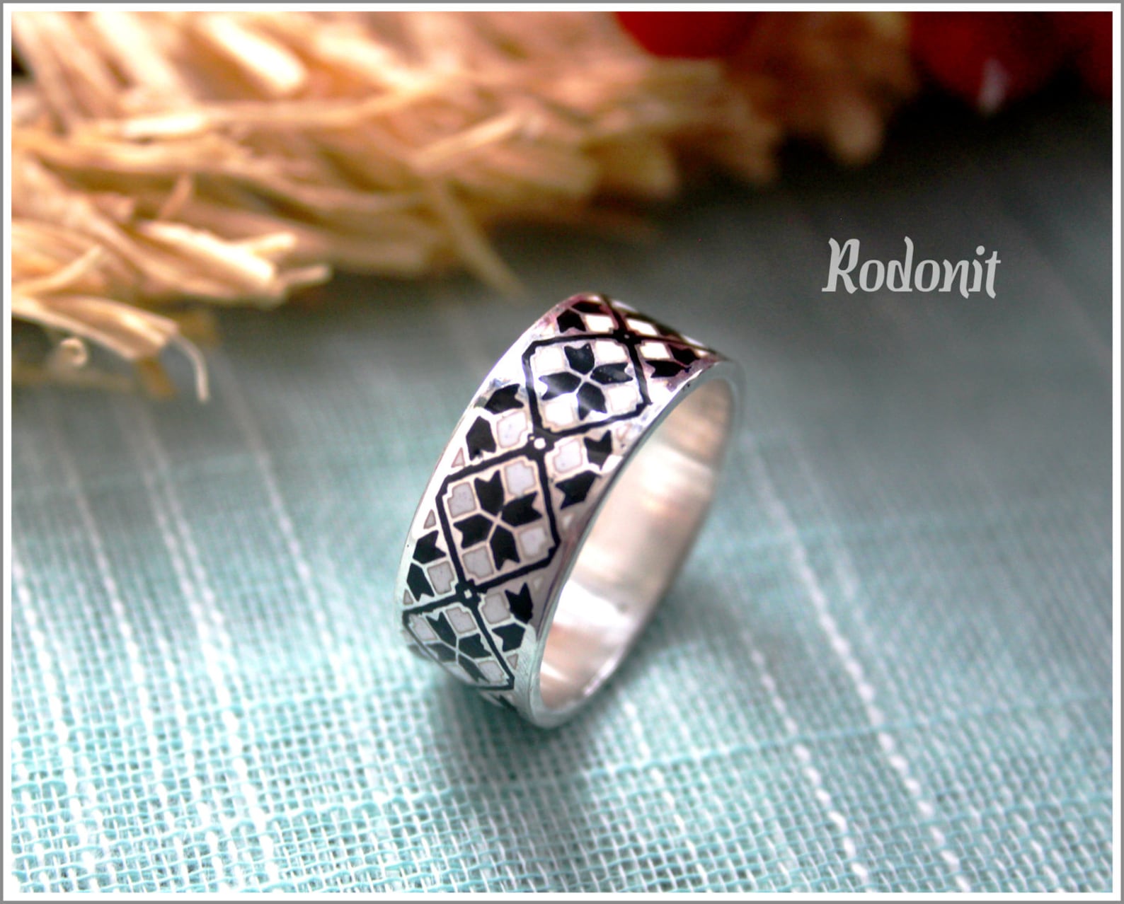 Silver Ukrainian Wedding Ring Real Cloisonne Enamel Black Etsy