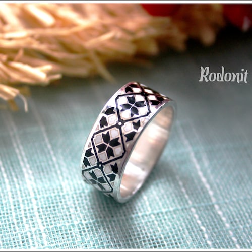 Silver Ukrainian Wedding Ring Real Cloisonne Enamel Black Etsy