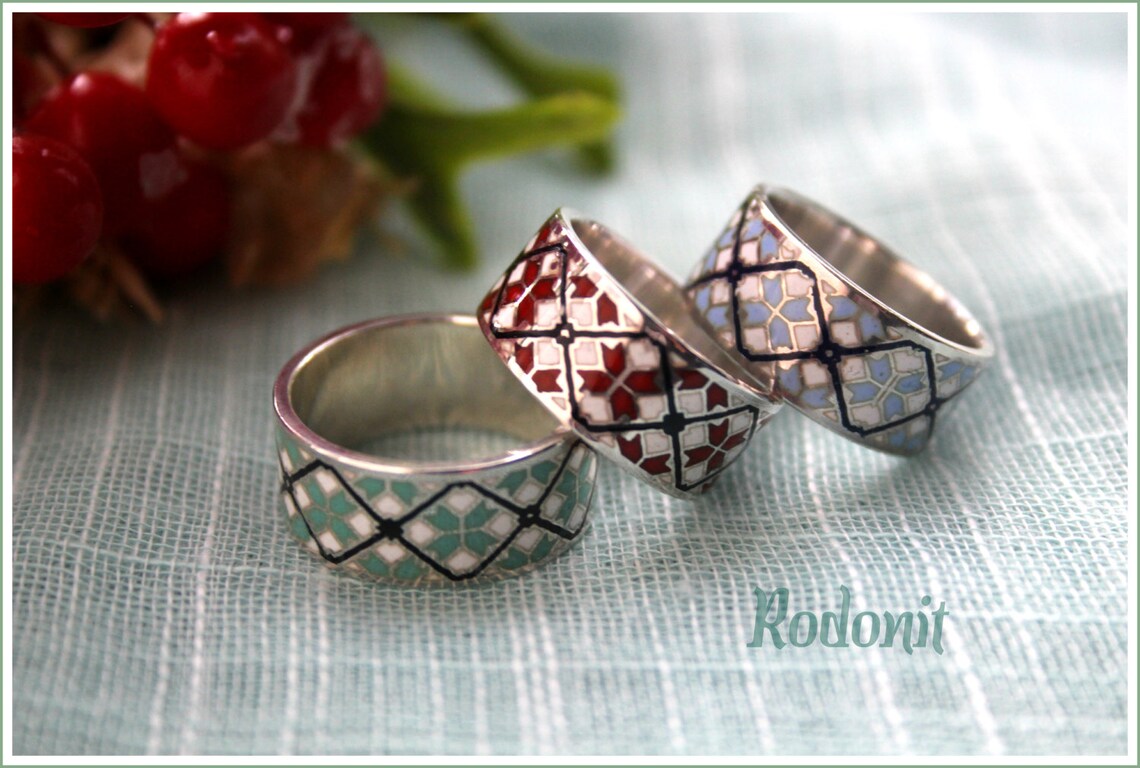 Silver Ukrainian Wedding Ring Real Cloisonne Enamel Black Etsy