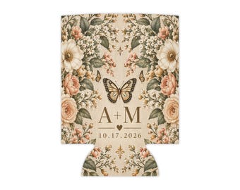 Personalized Wedding Can Cooler, Vintage Floral Butterfly Wedding Favor, Custom Monogram Koozie, Botanical Wedding Favor, Garden Wedding