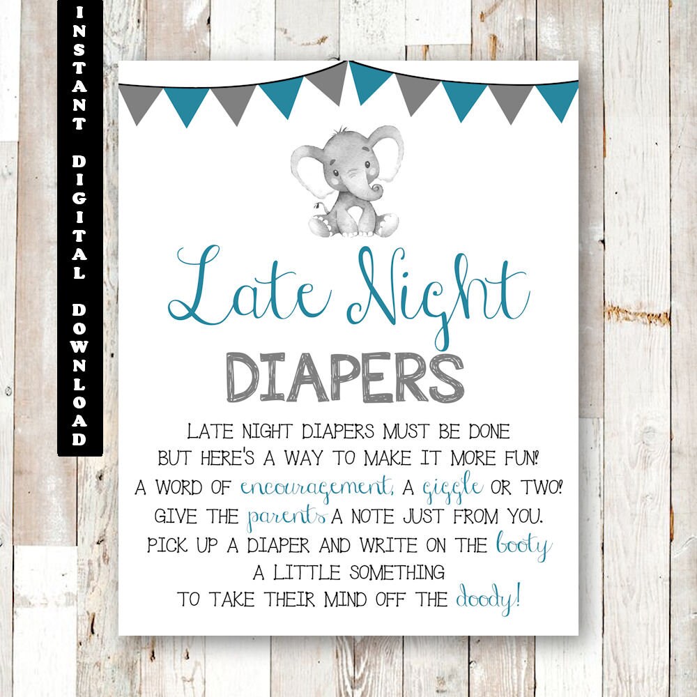 Teal Late Night Diapers Game Elephant Baby Shower Games Etsy