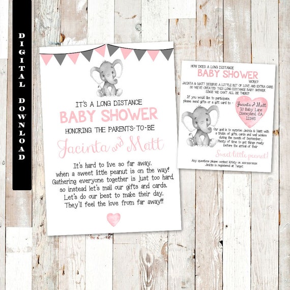Long Distance Baby Shower Invitation Elephant Pink And Grey Girl