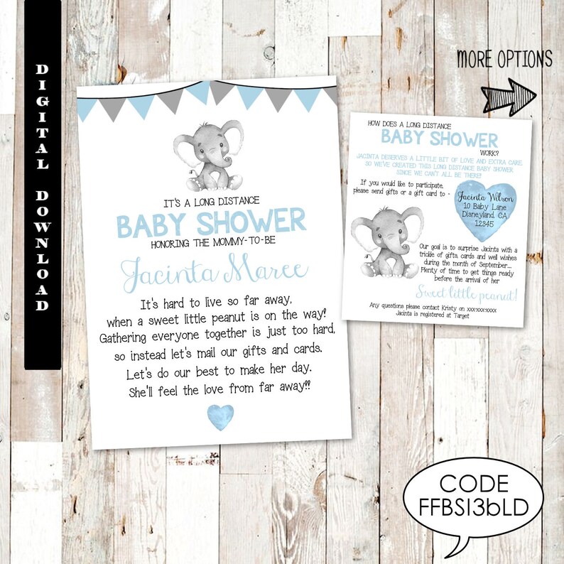 Long Distance Baby Shower Invitation Elephant Boys Set