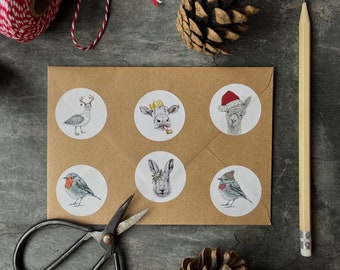 Christmas Stickers - 15 per sheet -plastic free gift wrapping. Choose from: Gull, Hare, Alpaca, Cow, Robin or Bobble Hat