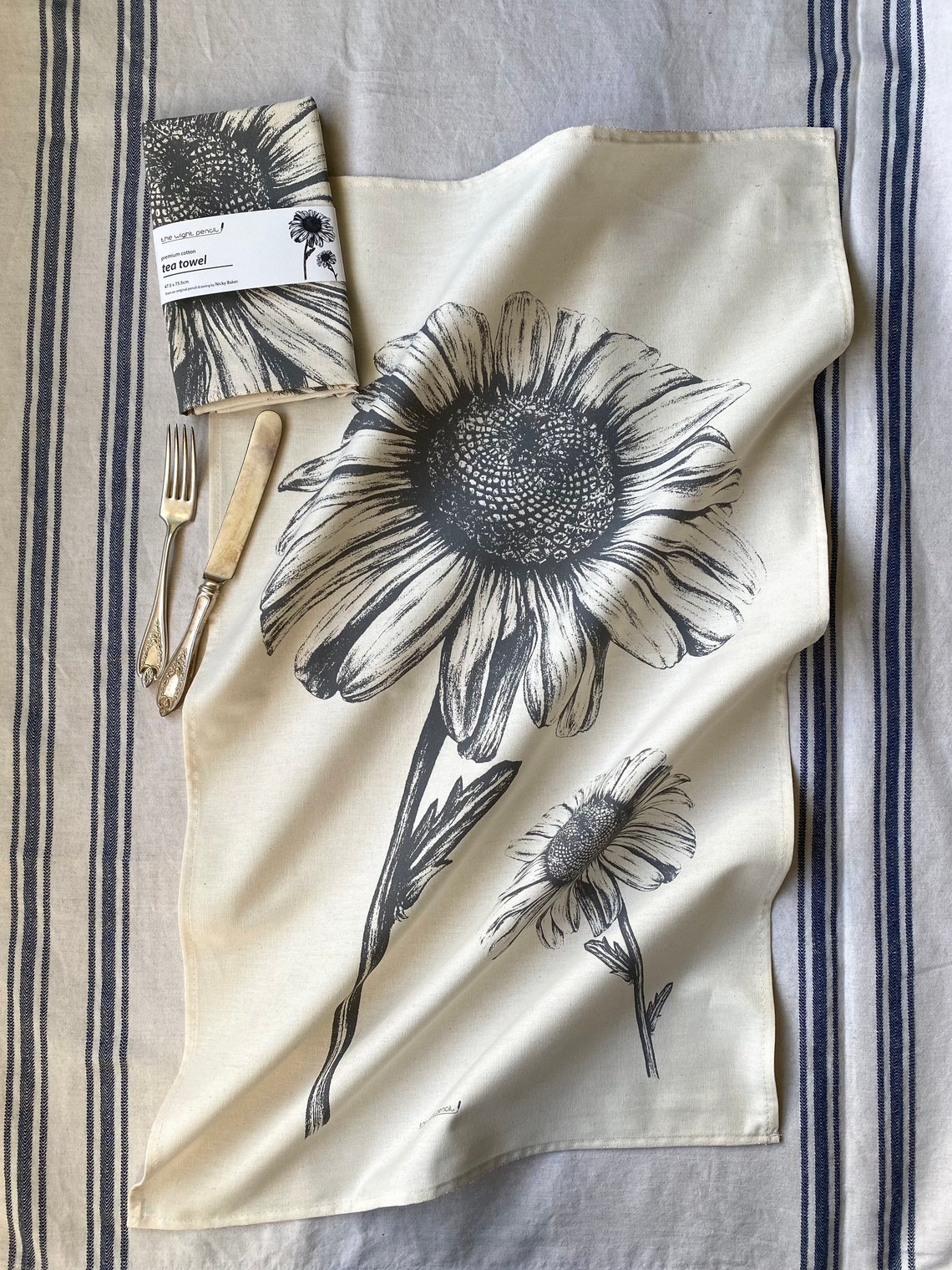 Daisy 100 natural cotton tea towel from pencil drawing made Etsy