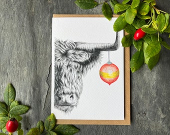 Festive Highland Cow Christmas card, from original pencil drawing - wildlife art