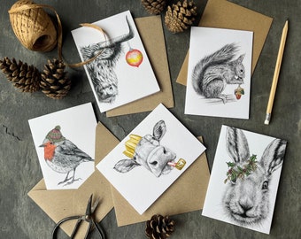 Festive Christmas cards, pack of 5 wildlife designs: red squirrel, highland cow, Guernsey cow, hare and robin