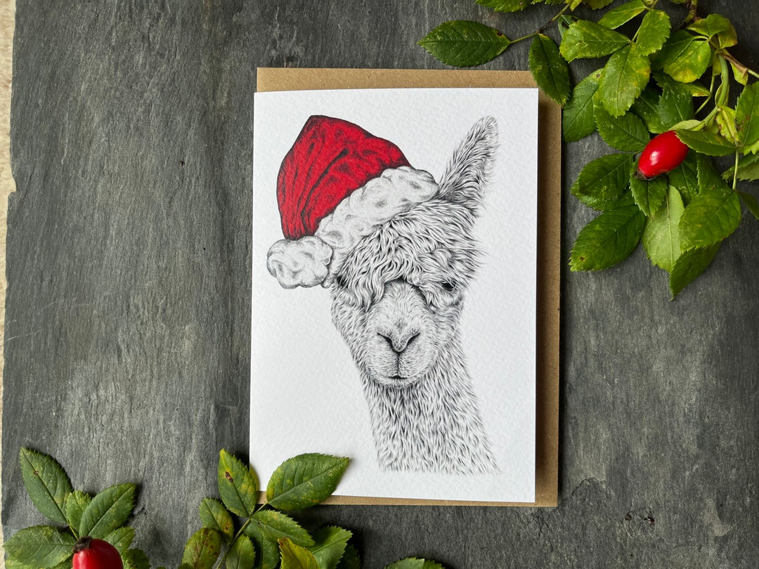 Festive Alpaca Christmas Card, From Original Graphite Pencil