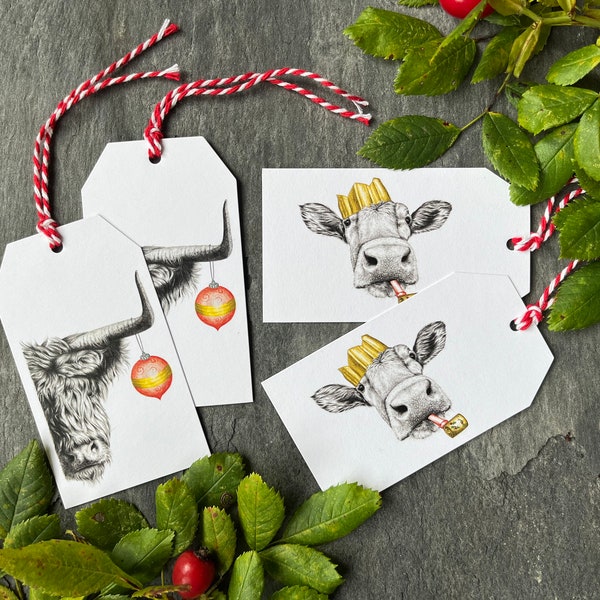 Festive Highland Cow and Guernsey Cow Christmas Gift Tags From Original Pencil Drawing - wildlife art