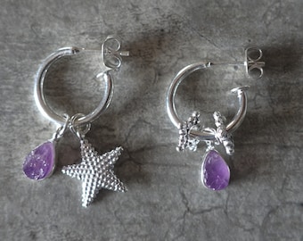 Silver earrings with natural amethyst and silver starfish charm - Me and My Mood jewelry