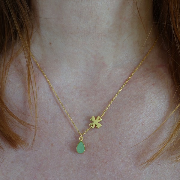 Collier en or avec pendentif en aventurine verte naturelle et trèfle à quatre feuille - Me and My Mood bijoux