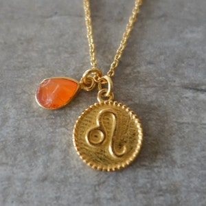 Gold necklace with Leo zodiac symbol medal and a natural, rough carnelian - Me and My Mood jewelry