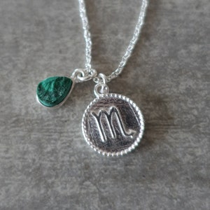 Silver necklace with a scorpio zodiac symbol medal and a natural raw malachite - Me and My Mood jewelry