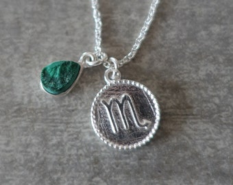 Silver necklace with a scorpio zodiac symbol medal and a natural raw malachite - Me and My Mood jewelry