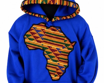 Royal Blue Kente Africa Applique Hoodie, Afrocentric Print Sweatshirt
