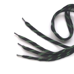 Flat Striped Shoelaces Black Green Color Cotton  Shoelaces, 32.38&quot; / 82 cm long