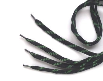 Flat Striped Shoelaces Black Green Color Cotton  Shoelaces, 32.38" / 82 cm long