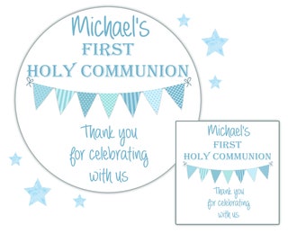PERSONALISED GLOSS BLUE  HOLY COMMUNION LABELS CONFIRMATION PHOTO STICKERS