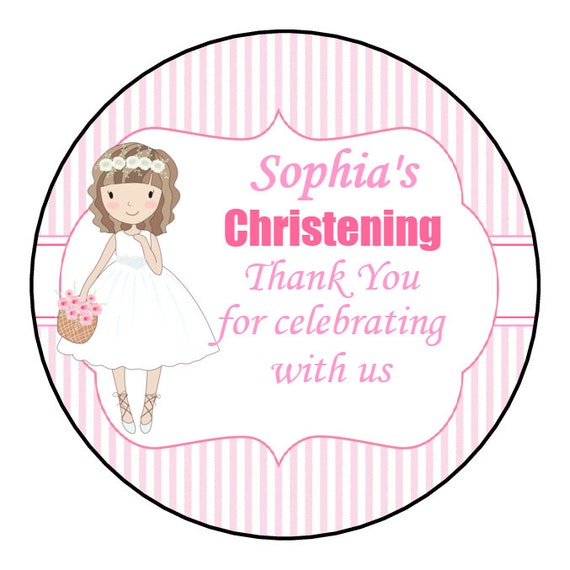 24 Personalised Christening Baptism Stickers Sweet Cone Sticker Labels 45mm
