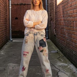 Upcycled Levi’s button fly jeans distressed bleached patched appliqué one size XL