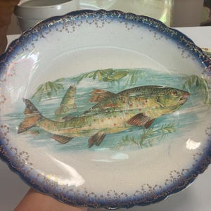 Op de afbeelding: Een ronde keramische bord met een centrale illustratie van een forel die in het water zwemt tussen groene waterplanten. Het bord heeft een geschulpte rand met een brede, donkerblauwe boord versierd met een delicaat goudkleurig filigraanpatroon.