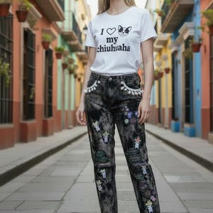 Chihuahua Upcycled patched appliqué bleached distressed  reworked jeans OS