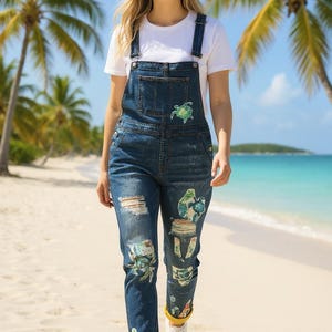 sealife motif Upcycled bleached patched appliqué overall jeans size XL