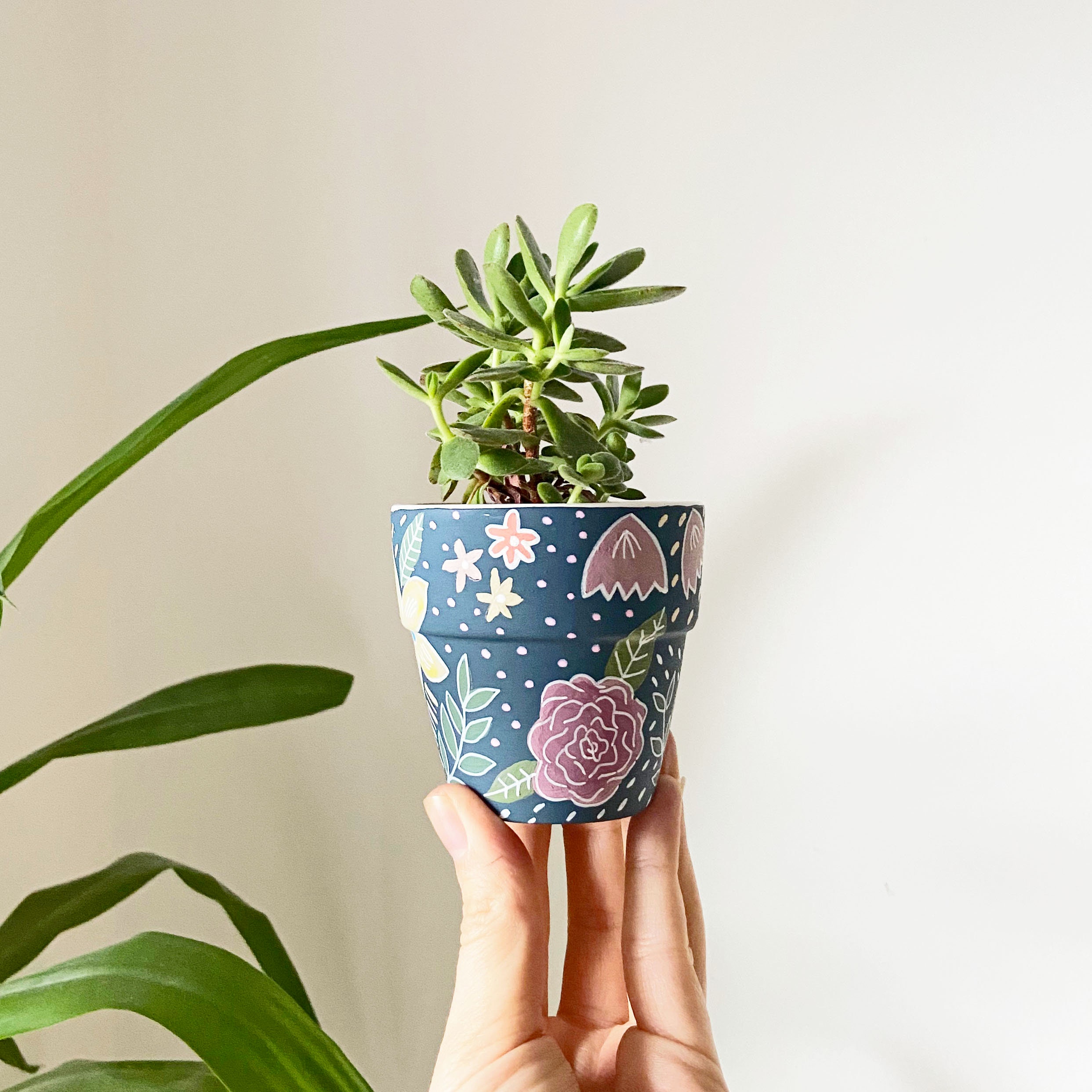 Small Deep Blue Floral Plant Pot Etsy