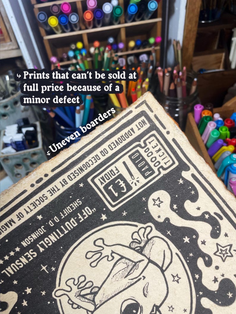 May include: A black and white illustration of a frog with stars and the text "OFF-DUTTINGLY SENSUAL" on a brown background. The text "TICKET 20000 PAOLO &euro;1 FRIDAY" is also visible on the image.
