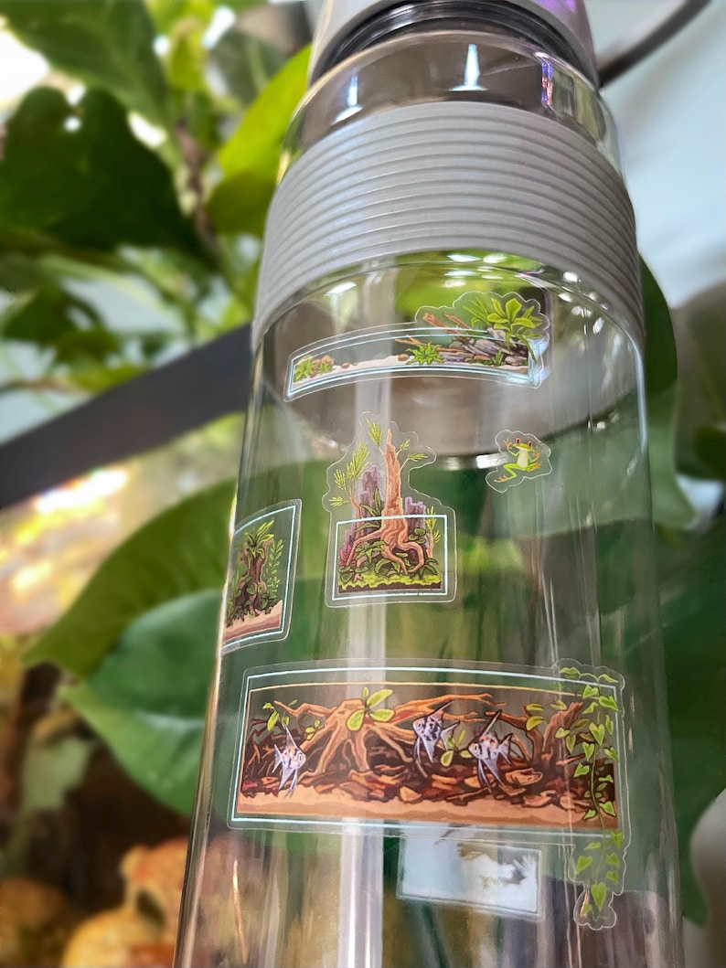 May include: A clear water bottle with a gray band and a clear lid. The bottle is decorated with several rectangular stickers depicting underwater scenes with fish, plants, and a frog. The background is blurred with green leaves.