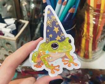 Pegatina holográfica de rana mágica / Calcomanía de rana maga dibujada a mano